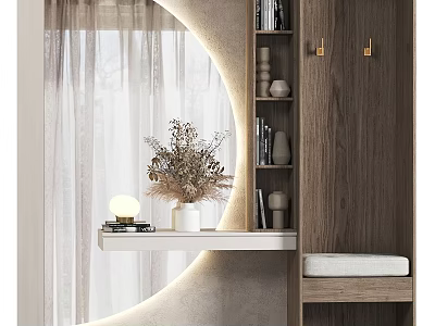 Stylish Entryway Design With Round Illuminated Mirror Wooden Cabinet Shelves Dried Flowers Lamp And White Cushioned Bench 3d model