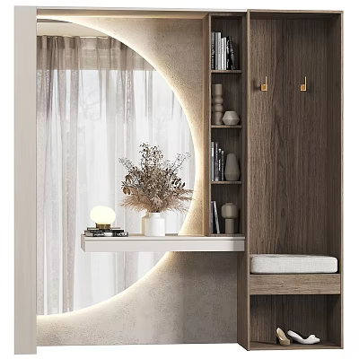 Stylish Entryway Design With Round Illuminated Mirror Wooden Cabinet Shelves Dried Flowers Lamp And White Cushioned Bench 3d model