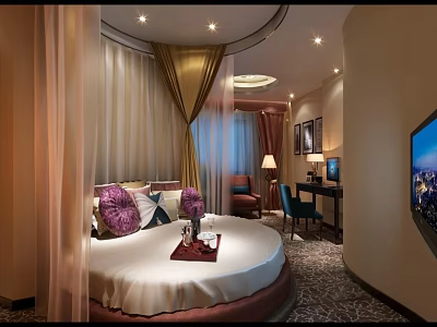 Luxurious Hotel Room Featuring Round Bed With Purple Cushions Golden Curtains TV And Desk Chair 3d model