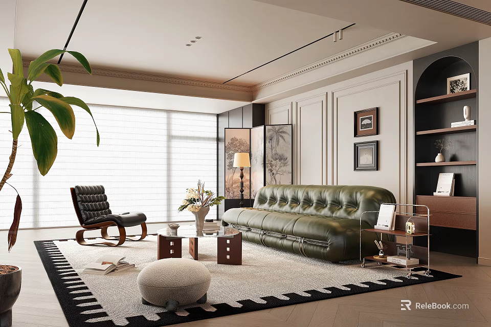 Elegant Modern Living Room Interior With Green Leather Sofa Black Armchair And Geometric Rug 3d model 