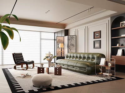 Elegant Modern Living Room Interior With Green Leather Sofa Black Armchair And Geometric Rug 3d model