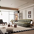 Elegant Modern Living Room Interior With Green Leather Sofa Black Armchair And Geometric Rug