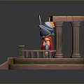 Man in Roman style helmet holding sword on platform with columns and steps