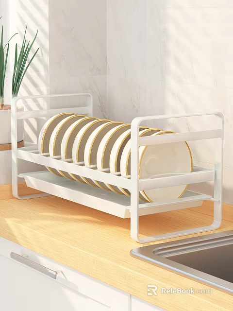 White Bathroom Cabinet Rack For Plate Storage With Wooden Countertop And Light Tile Background 3d model 