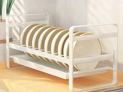 White Bathroom Cabinet Rack For Plate Storage With Wooden Countertop And Light Tile Background 3d model