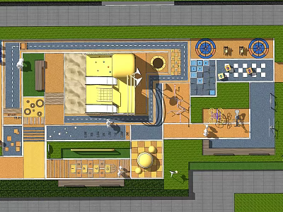 Colorful Outdoor Playground Design With Play Structures Green Space And Seating Areas 3d model