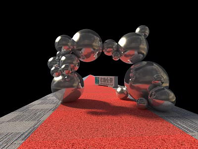 Silver Metallic Sphere Installation With Red Carpet On Black Background 3d model