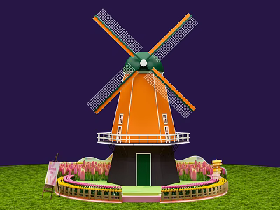 Orange Windmill Photo Spot With Pink Tulips And Green Grass Decorative Base 3d model