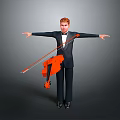 Man With Red Hair In Black Suit Holding Orange Violin Arms Outstretched On Gray Background