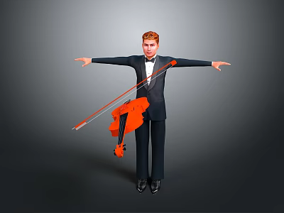 Man With Red Hair In Black Suit Holding Orange Violin Arms Outstretched On Gray Background 3d model