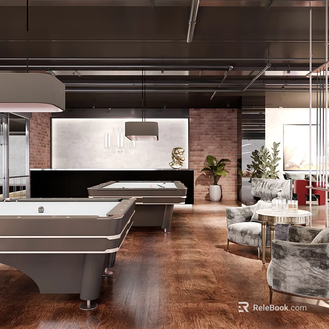 Modern Billiard Room Interior With Pool Tables Brick Walls And Pendant Lights 3d model 