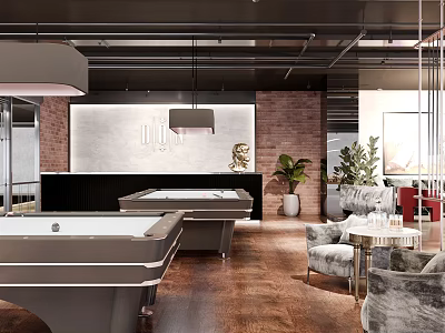 Modern Billiard Room Interior With Pool Tables Brick Walls And Pendant Lights 3d model