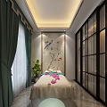 SPA Sauna Room Interior With Massage Bed Towels Green Plant And Decorative Art