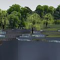 Waterfront Landscape with Terraced Design Willow Trees and Green Lawns Near Water Body