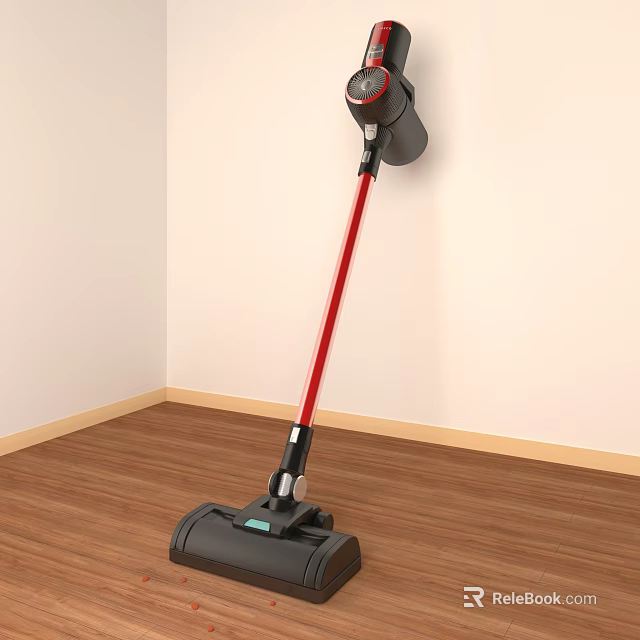 Modern Red And Black Household Vacuum Cleaner With Long Handle On Wooden Floor 3d model 