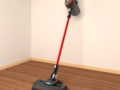 Modern Red And Black Household Vacuum Cleaner With Long Handle On Wooden Floor 3d model