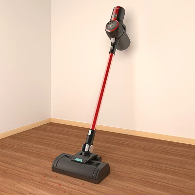 Modern Red And Black Household Vacuum Cleaner With Long Handle On Wooden Floor 3d model