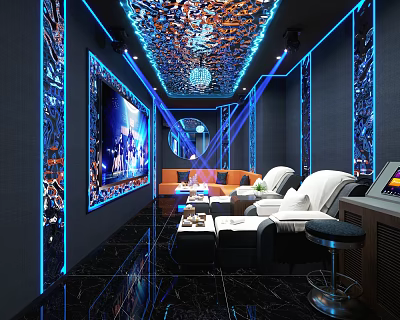 Modern KTV Interior With Stylish Blue Lighting Orange Sofa Large TV Screen And White Chairs 3d model