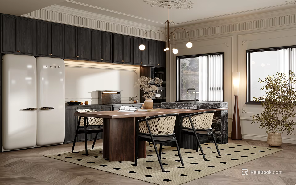 Modern Open Concept Restaurant Kitchen With Dark Cabinets White Refrigerator Island Counter And Pendant Lights 3d model 