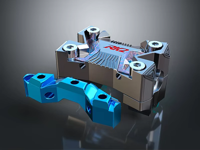 Silver And Blue Metal Mechanical Components With Red Logo And Bolted Structure 3d model