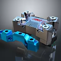 Silver And Blue Metal Mechanical Components With Red Logo And Bolted Structure 3d model