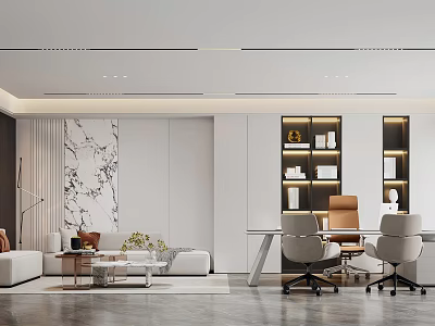Modern Office Interior With Desk Chairs Bookshelves And Decorative Wall Design 3d model