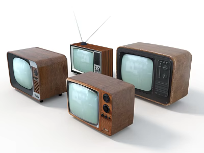 Vintage Retro Televisions with Wooden Cases and Antennas on White Background 3d model