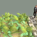 Outdoor Public Bench Surrounded by Green Plants and Ferns on Stone Pavement