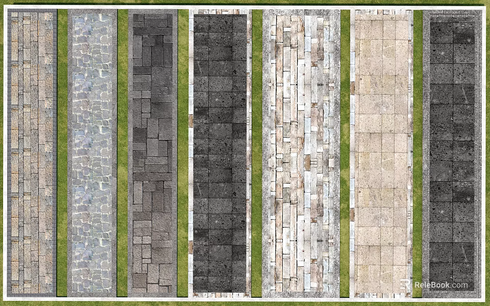 Garden Pathway Design With Various Paving Materials And Green Grass Strips 3d model 