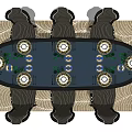 Elegant Oval Dining Table Set With Black Chairs Green Plates And Wavy Textured Rug