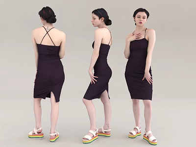 Woman in Dark Strappy Dress with Side Slit and Colorful Platform Sandals in Different Angles 3d model
