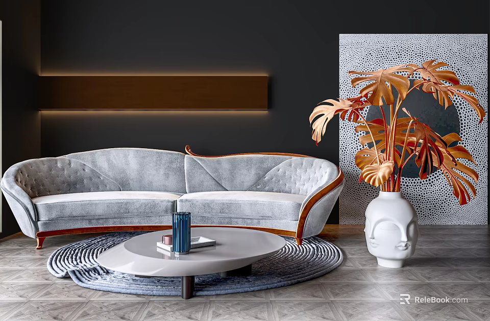 Modern Double Sofa With Round Coffee Table Blue Vase And Large Green Plant Dark Wall 3d model 