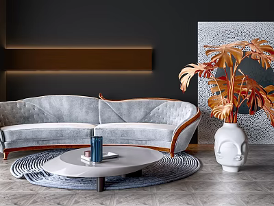 Modern Double Sofa With Round Coffee Table Blue Vase And Large Green Plant Dark Wall 3d model