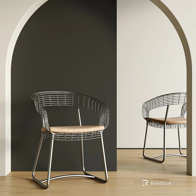 Modern Metal Frame Dining Chairs With Curved Design And Light Colored Seat In Arched Interior 3d model 