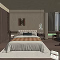 Cozy Bedroom Interior With Dark Wooden Wardrobe Bed Linen Bedding Nightstand Lamp And Wall Art