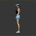Sporty Woman In Black Tank Top Blue Skirt With Pink Sneakers And Blue Cap