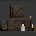 Household Supplies Display With Stacked Wooden Crates Barrels Metal Cans And Small Bottles