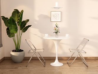 Modern Small Round Table Transparent Folding Chair Simple Household Dining Table Glass Chair Reception Table Negotiation Table and Chair Leisure Area Round Table and Chair Cream Style Leisure Area 3d model