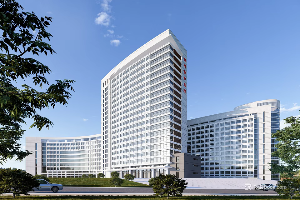 Modern High Rise Hospital Building With Glass Curtain Wall And Green Trees 3d model 