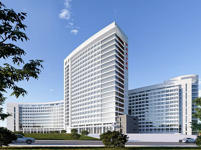 Modern High Rise Hospital Building With Glass Curtain Wall And Green Trees 3d model
