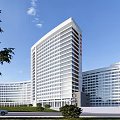 Modern High Rise Hospital Building With Glass Curtain Wall And Green Trees