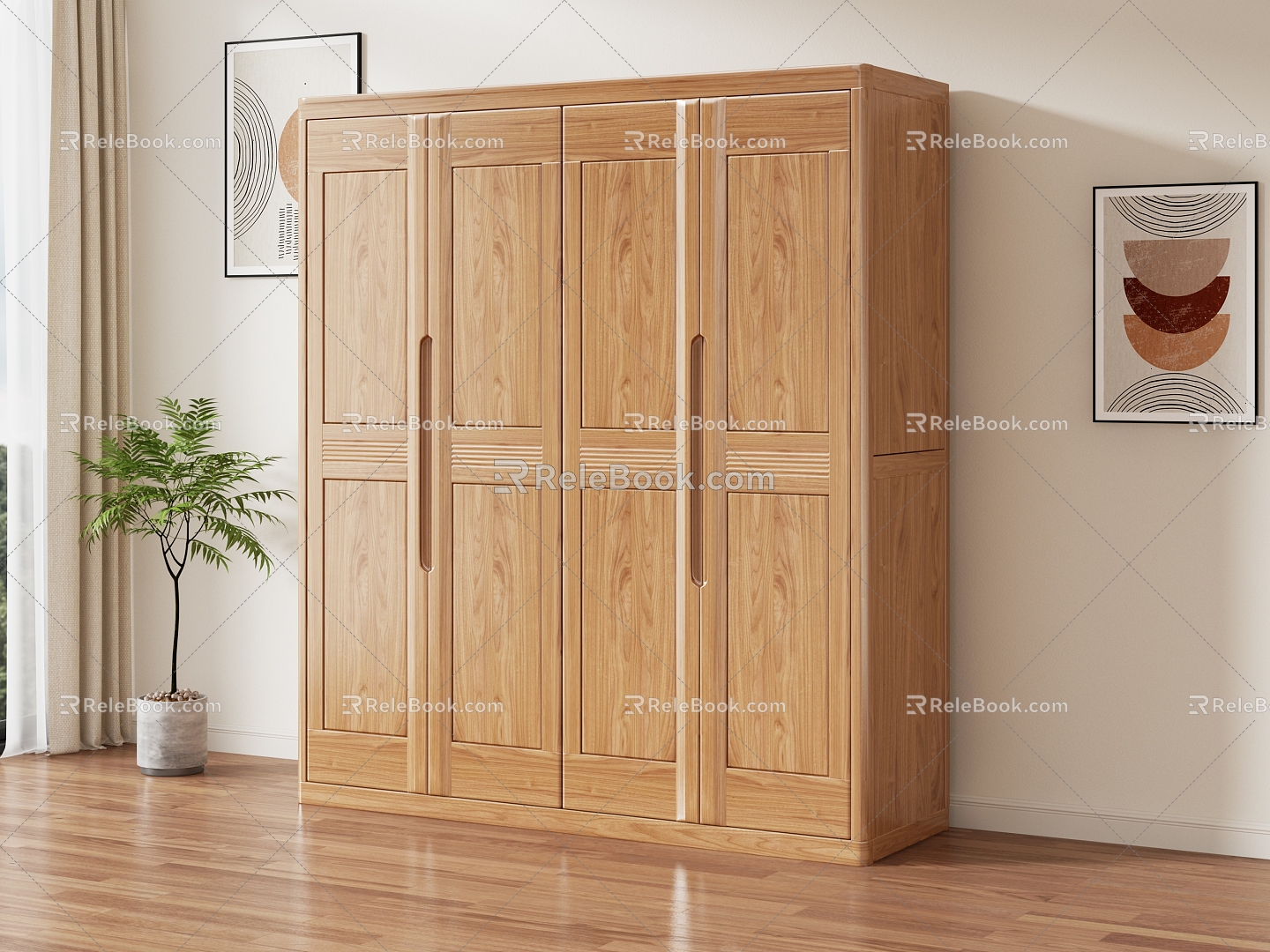 Nordic All Solid Wood Four-door Wardrobe for Bedroom Household 3d model