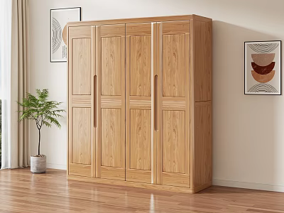 Modern Interior Natural Wooden Four Door Wardrobe Simple Design With Potted Plant Wall Art 3d model