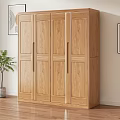 Modern Interior Natural Wooden Four Door Wardrobe Simple Design With Potted Plant Wall Art