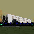 Modern Industrial Factory Building With White Facade Large Windows Green Lawn And Trees
