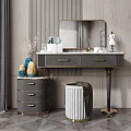 Elegant Dark Dressing Table With Gold Handles Mirror Decorative Vases And Stool 3d model