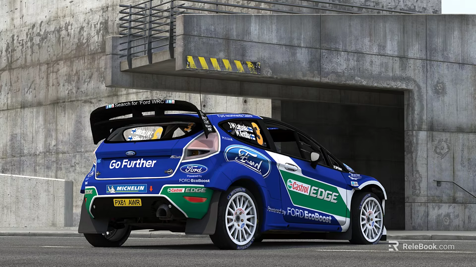 Blue Ford Rally Racing Car Rear View With Shell EDGE Michelin Sponsors And Concrete Structure 3d model 