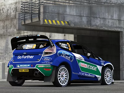 Blue Ford Rally Racing Car Rear View With Shell EDGE Michelin Sponsors And Concrete Structure 3d model