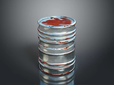 Stacked Metal Cans With Red Marks On Reflective Surface And Dark Background 3d model