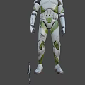 Man Wearing White And Green Armor With Helmet Standing Against Black Background
